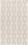 Close-up of the hand woven Hazlet Area Rug. Beige wool rug with a gray geometric chain-link pattern. Design-Rectangle-58