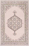 Close-up of the Hickson Carpet - Clearance. Hand-knotted wool rug in light pink, charcoal, and oatmeal with a traditional farmhouse pattern. Design-Rectangle-5686