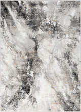 Close-up of a Contemporary Marble Area Rug - Clearance with black, gray, and ivory marbled abstract design. Design-Rectangle-537