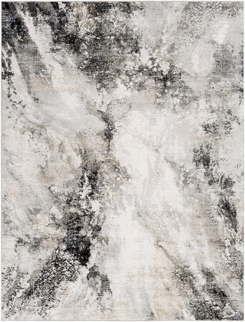 Close-up of the Contemporary Marble Area Rug showcasing its black, gray, and ivory abstract pattern. Design-Rectangle-71010