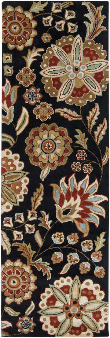 Close-up of the Heaters Black Floral Wool Carpet showing a traditional floral pattern in black, brown, red, and beige. Design-Runner-268