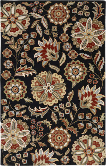 Close-up of the Heaters Black Floral Wool Carpet, featuring a detailed floral pattern in black, brown, burgundy, and sage tones. Design-Rectangle-58