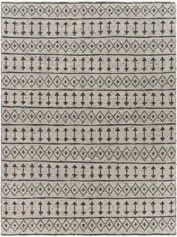 Close-up of the hand woven Hector Area Rug. Black geometric pattern on light beige leather. Farmhouse style. Design-Rectangle-810