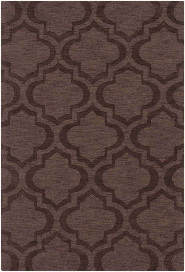 Close-up of the Hedgesville Area Rug. Hand-loomed 100% wool rug in dark brown with a contemporary quatrefoil pattern. Design-Rectangle-576