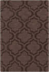 Close-up of the Hedgesville Area Rug. Hand-loomed 100% wool rug in dark brown with a contemporary quatrefoil pattern. Design-Rectangle-576