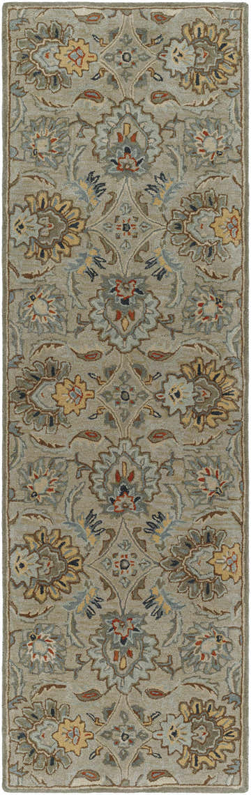 Close-up of the hand-tufted Hedia Area Rug. Traditional floral pattern in beige, gray, brown, and nutmeg tones. 100% wool texture. Design-Runner-268