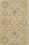 Close-up of the Hedia Area Rug. Hand-tufted wool rug in beige, gray, brown, and tan floral pattern. Traditional style. Design-Rectangle-58