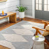 Patio scene with Stephan Blue & Gray Outdoor Rug, wooden bench, potted plant, and chair with side table. Roomscene-Rectangle