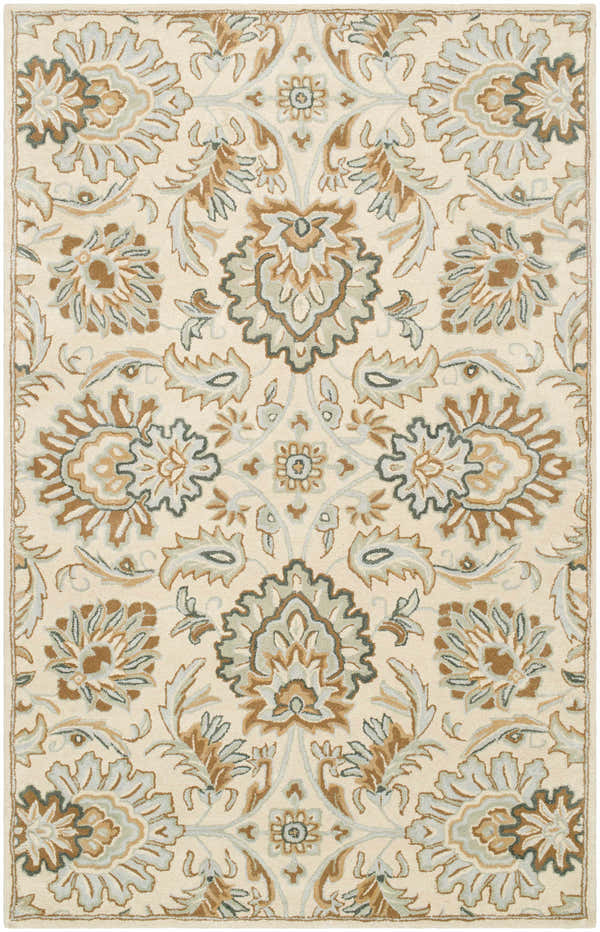 Close-up of the hand-tufted Helia Area Rug. Beige wool rug with traditional floral pattern in bone, camel, and gray tones. Design-Rectangle-58