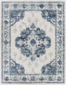 Close-up of the Helidon Area Rug. Features a light beige base with a navy and light blue traditional, floral pattern. Design-Rectangle-71010