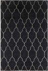 Close-up of the Hemingway Area Carpet. Black wool rug with a beige quatrefoil pattern. Hand-knotted texture. Design-Rectangle-58