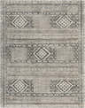Close-up of the Hemyock Premium Wool&Viscose Carpet. Features a black, charcoal, and off-white bohemian geometric pattern. Design-Rectangle-69