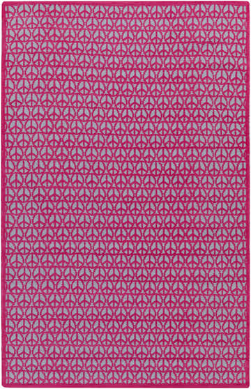 Close-up of the Heppner Area Rug. Fuchsia and light sage cotton rug with a repeating peace sign pattern. Hand woven texture. Design-Rectangle