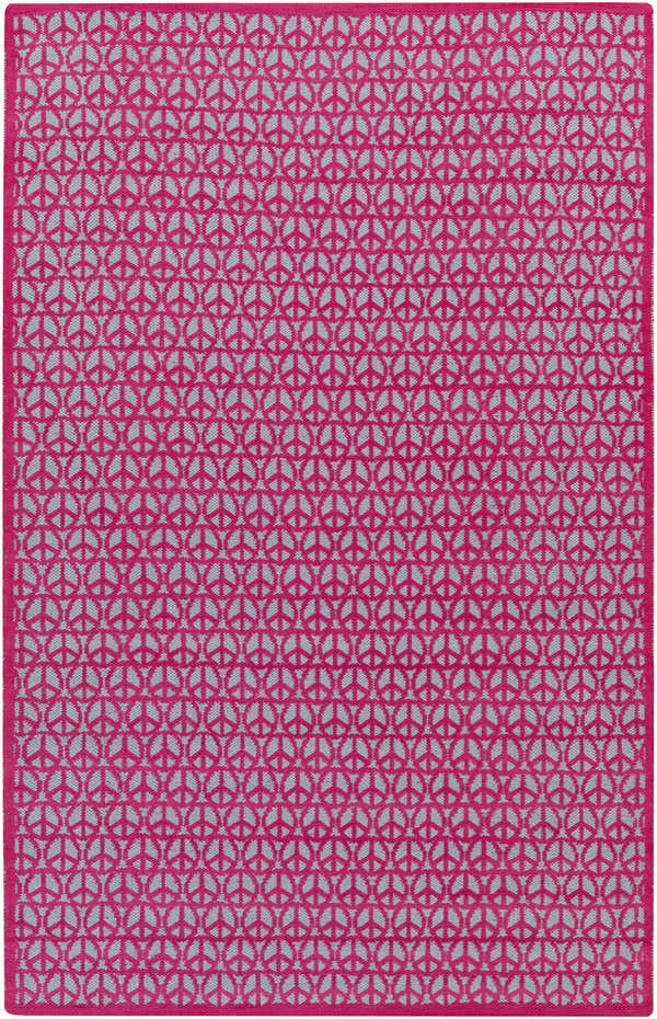 Close-up of the Heppner Area Rug. Fuchsia and light sage cotton rug with a repeating peace sign pattern. Hand woven texture. Design-Rectangle