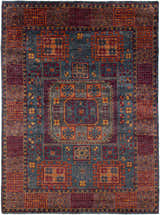 Detailed view of the Herman Jute Carpet, showcasing its burnt orange, red, and navy traditional pattern. Hand-knotted texture. Design-Rectangle-811