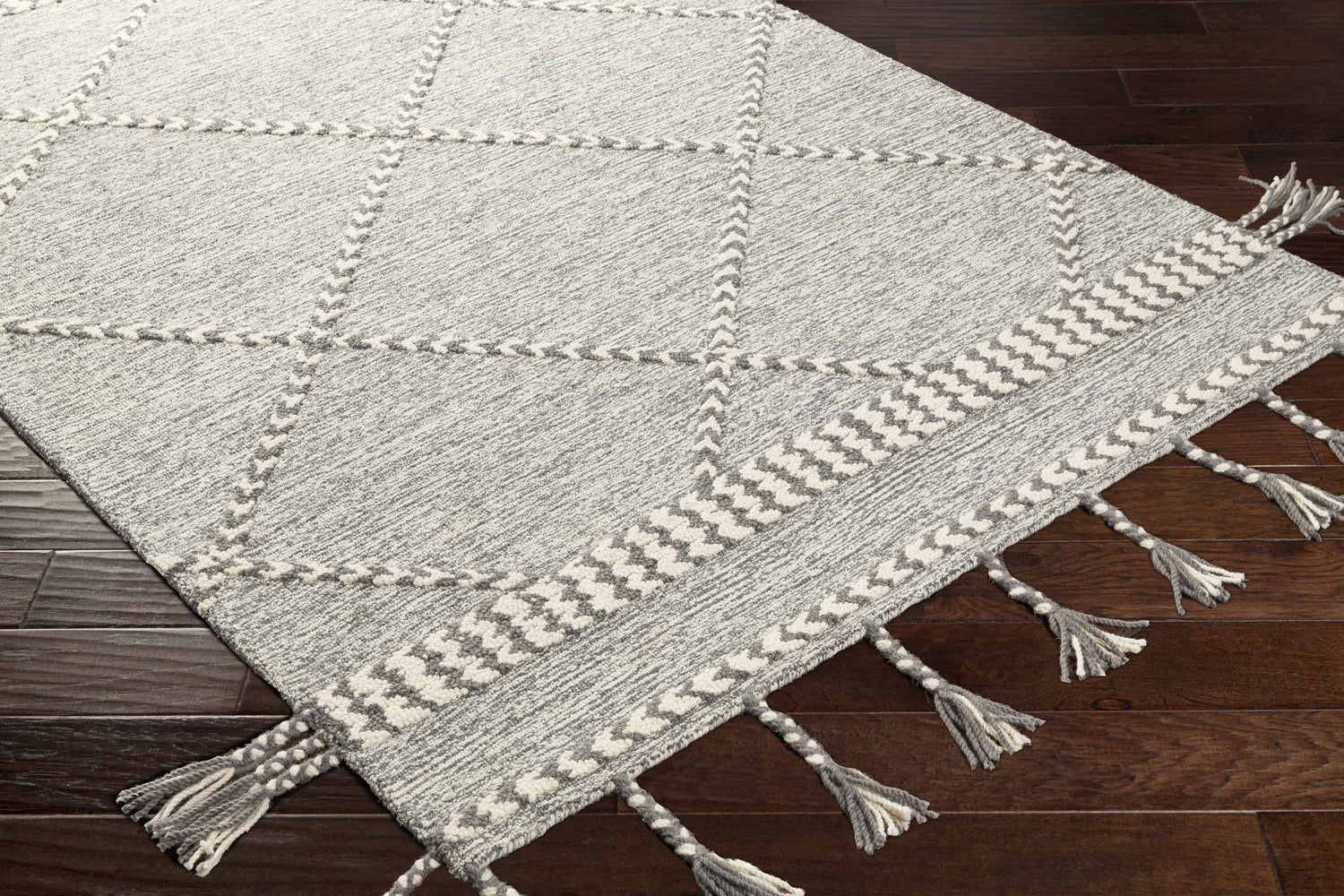 Hertfordshire Gray Trellis Tassel Wool Rug - Clearance