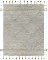 Close-up of the Hertfordshire Gray Trellis Tassel Wool Rug, featuring a diamond pattern and decorative tassels. Design-Rectangle-810