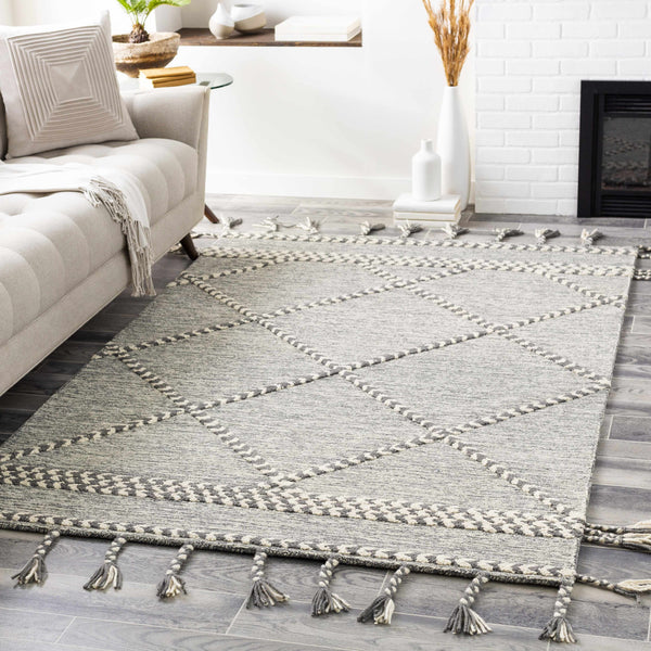 Hertfordshire Gray Trellis Tassel Wool Rug - Clearance