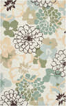 Close-up of the Hager Area Rug. Floral design in ivory, pale blue, yellow, and brown on a textured, hand-hooked polyester rug. Design-Rectangle-58