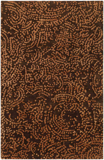 Close-up of the Pensacola 5x8 Brown Premium Wool&Viscose Rug. Features a contemporary abstract pattern in brown and camel tones. Design-Rectangle