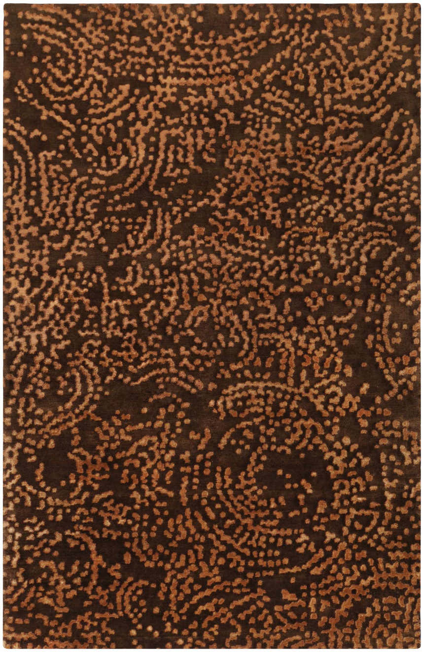 Close-up of the Pensacola 5x8 Brown Premium Wool&Viscose Rug. Features a contemporary abstract pattern in brown and camel tones. Design-Rectangle