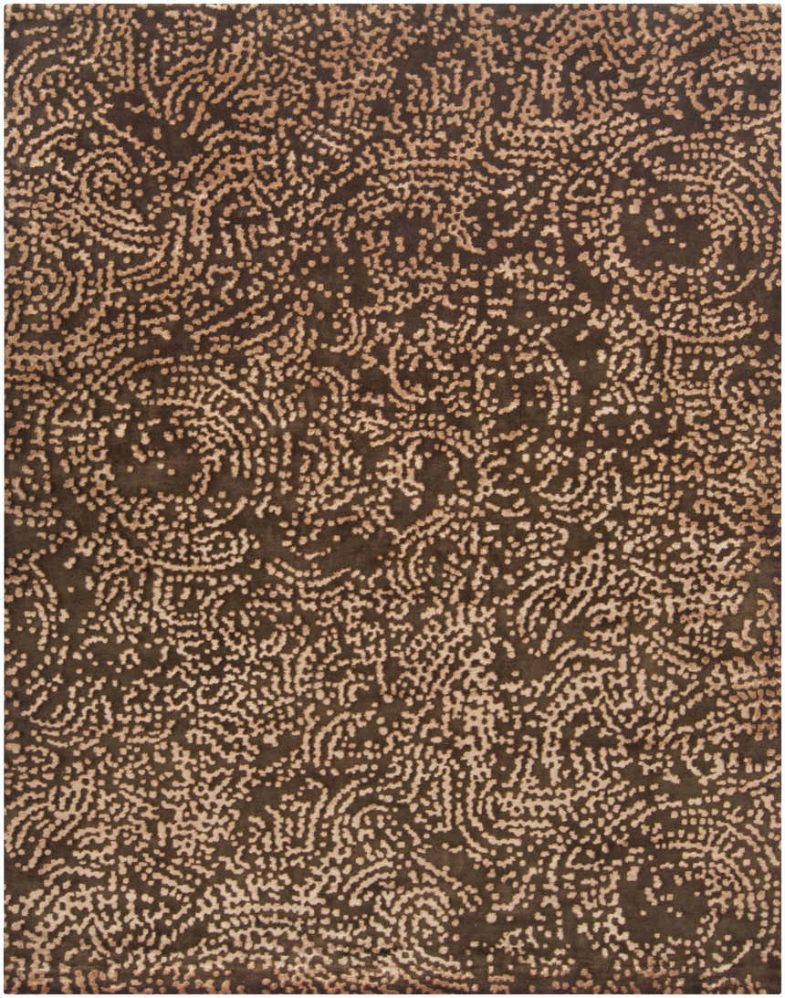 Close-up of the brown Pensacola rug, a premium wool and viscose rug with a subtle, dotted contemporary pattern. Design-Rectangle-811