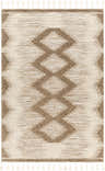 Close-up of the hand woven Highpoint Tasseled Jute Rug. Cream and olive geometric pattern with tassels. Design-Rectangle-576