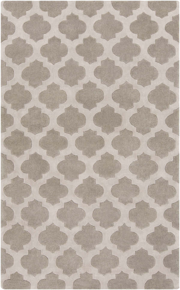 Close-up of the Highspire Area Rug, a hand-tufted rug with a light gray and taupe quatrefoil pattern. Design-Rectangle-58