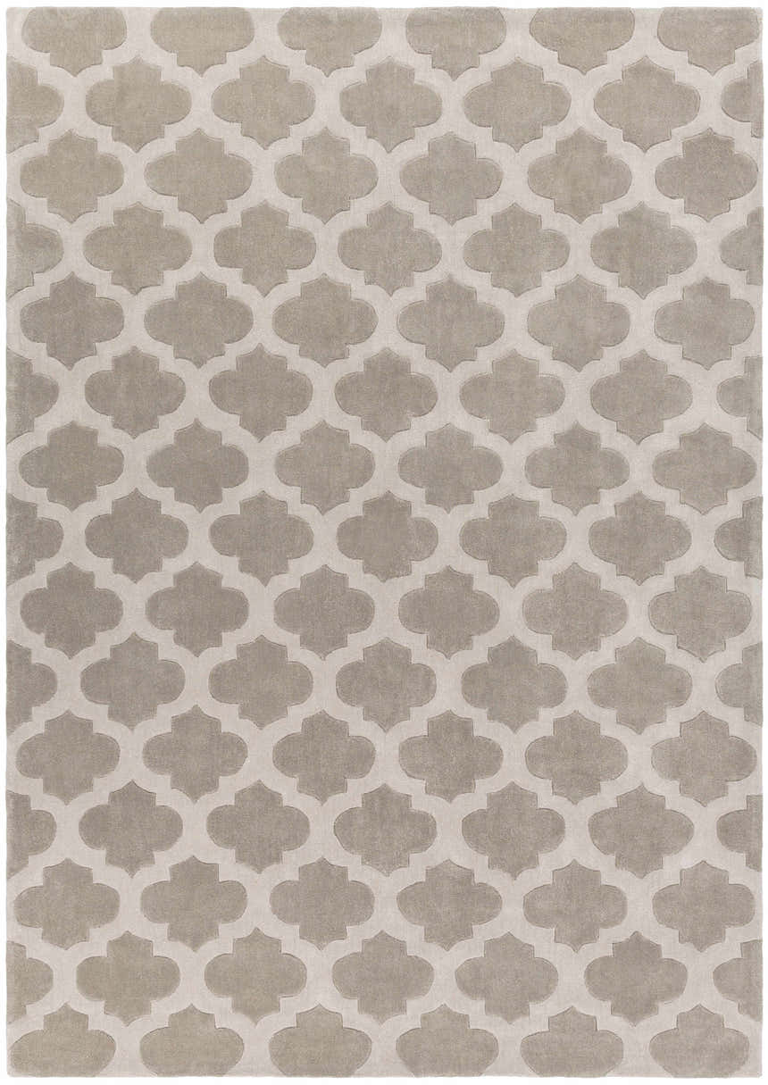 Close-up of the Highspire Area Rug. Light gray and taupe quatrefoil pattern. Hand-tufted, soft polyester texture. Design-Rectangle-811