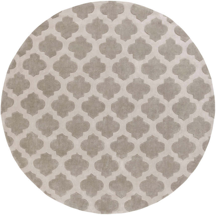 Close-up of a round Highspire Area Rug. Light gray and taupe quatrefoil pattern on a soft polyester rug. Design-Round