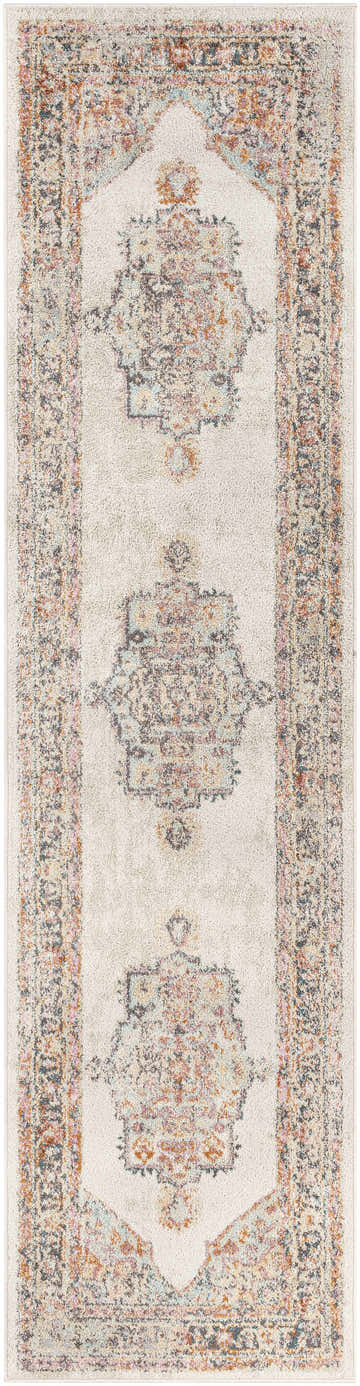 Close-up of the Hillcrest Area Rug. Beige rug with traditional oriental pattern in brick red, blue, and pink tones. Design-Runner-2710