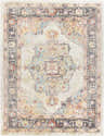 Detailed view of the Hillcrest Area Rug. Bohemian style rug with beige, blue, and brick red colors. Machine woven polypropylene. Design-Rectangle-710103