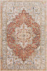 Detailed Himaao Area Rug close-up. Traditional oriental rug with beige, burnt orange, and cream colors. Design-Rectangle-5373