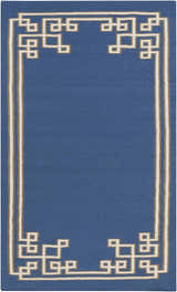 Close-up of the Hinckley Area Rug. Dark blue wool rug with a light beige and gray geometric border. Hand woven. Design-Rectangle-58