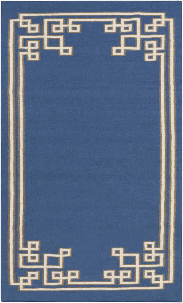 Close-up of the Hinckley Area Rug. Dark blue wool rug with a light beige and gray geometric border. Hand woven. Design-Rectangle-58