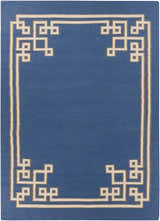 Close-up of the Hinckley Area Rug. Dark blue wool rug with a beige geometric border pattern. Hand woven. Design-Rectangle-811