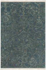 Close-up of Hinkle Teal Premium Wool Carpet. Features a traditional floral pattern in teal, oatmeal, and light brown. Hand-knotted rug. Design-Rectangle