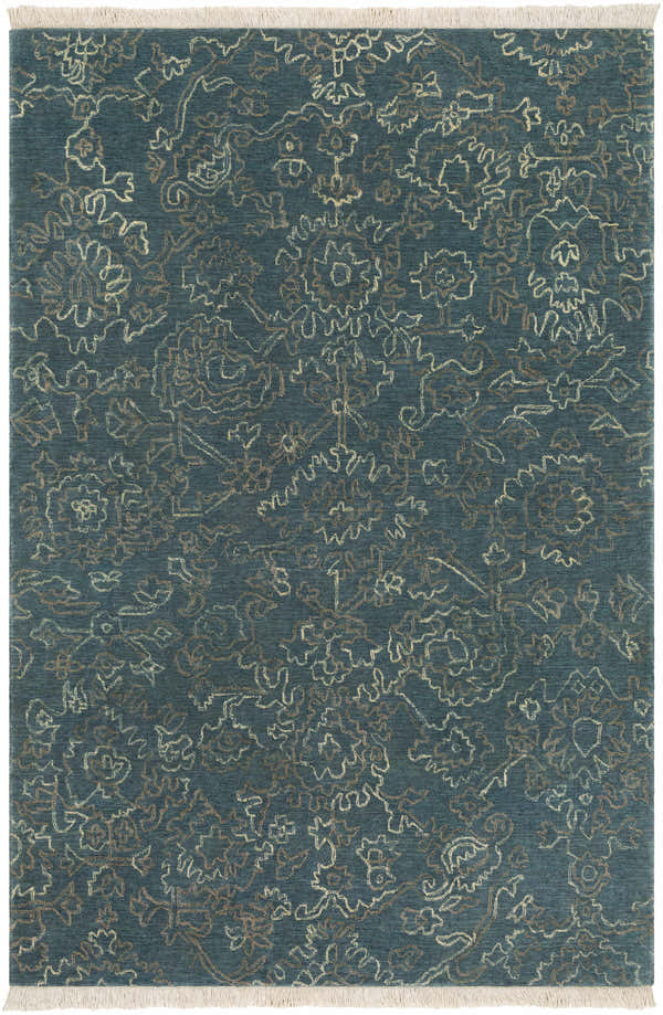 Close-up of Hinkle Teal Premium Wool Carpet. Features a traditional floral pattern in teal, oatmeal, and light brown. Hand-knotted rug. Design-Rectangle