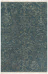 Close-up of Hinkle Teal Premium Wool Carpet. Features a traditional floral pattern in teal, oatmeal, and light brown. Hand-knotted rug. Design-Rectangle