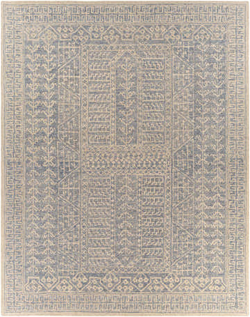 Close-up of Hinton Wool Area Rug. Hand-tufted wool rug with a geometric pattern in light blue and beige. Design-Rectangle-810