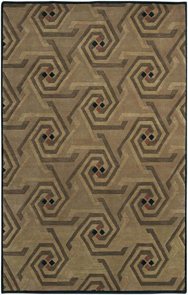 Detailed geometric pattern of the Hisle Area Rug in brown, black, and gray tones. Hand-knotted wool texture. Design-Rectangle-58