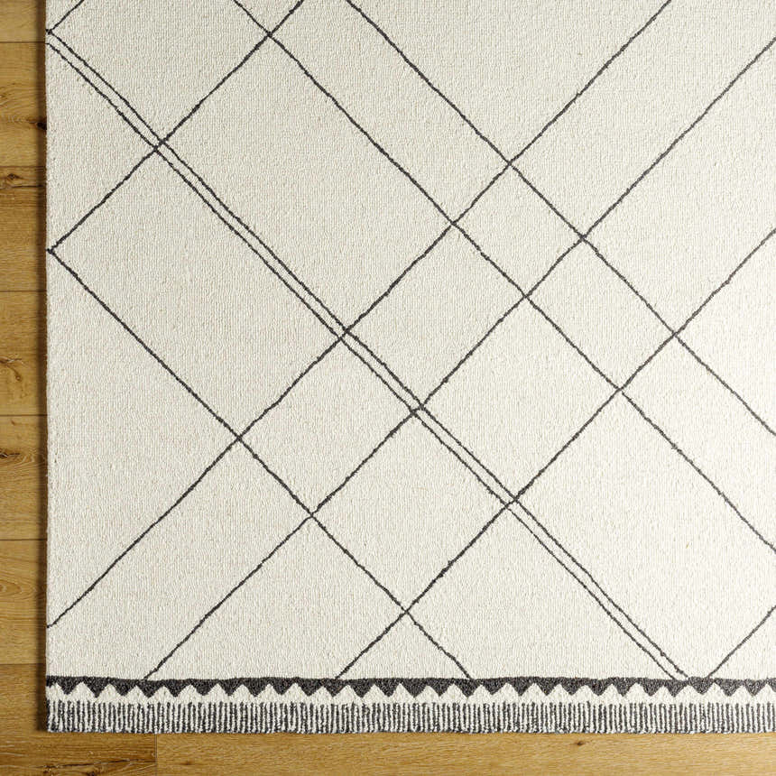 Close-up of the hand-tufted Holle Area Rug. Beige wool rug with a geometric diamond pattern and decorative fringe. Swatch