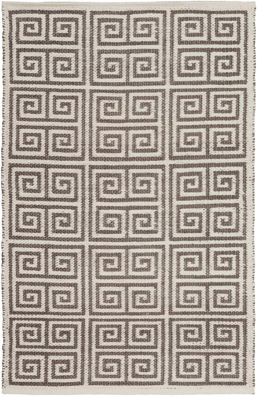 Close-up of the Hollytree Area Rug, a hand-woven runner with a cream and dark red geometric Greek key design. Design-Rectangle-23