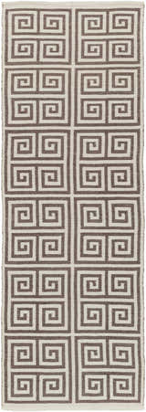 Close-up of the Hollytree Area Rug, a hand-woven runner with a cream and dark red geometric Greek key pattern. Design-Runner-268