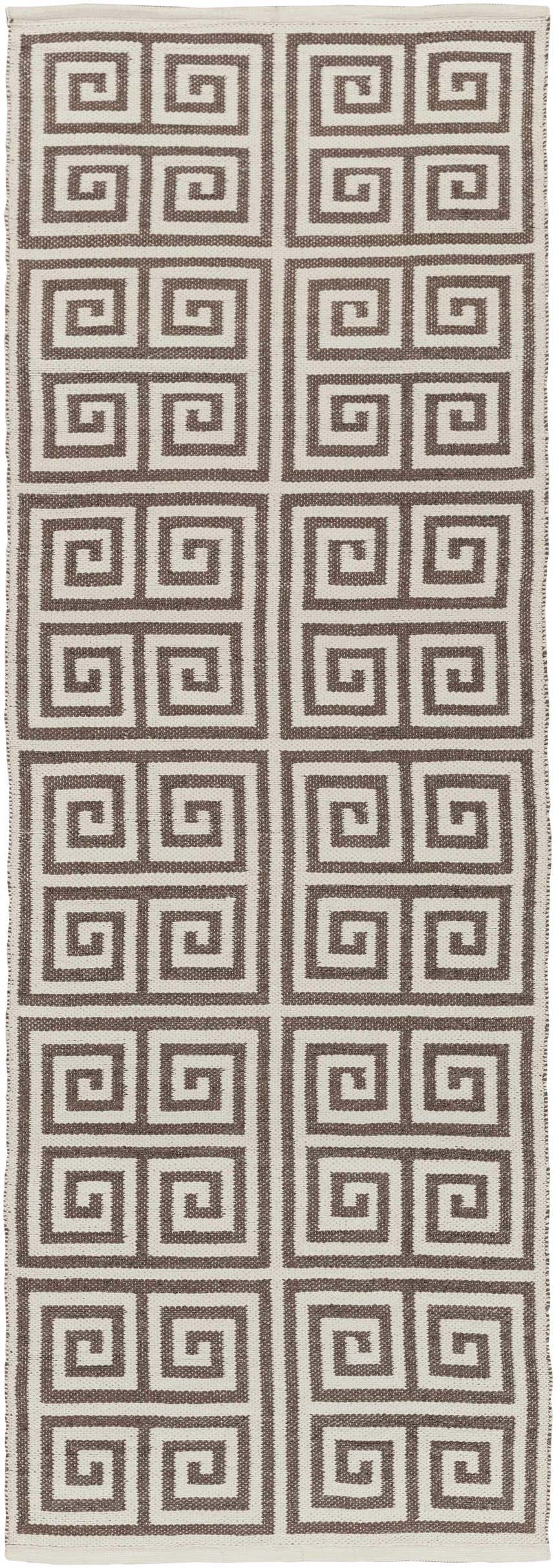 Close-up of the Hollytree Area Rug, a hand-woven runner with a cream and dark red geometric Greek key pattern. Design-Runner-268