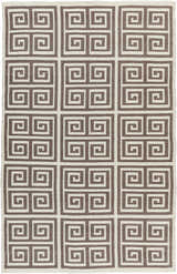 Close-up of Hollytree Area Rug. Cream and dark red PVC rug with a contemporary geometric, Greek key design. Hand woven. Design-Rectangle-58