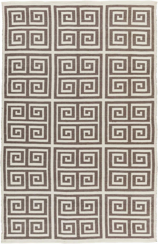 Close-up of Hollytree Area Rug. Cream and dark red PVC rug with a contemporary geometric, Greek key design. Hand woven. Design-Rectangle-58