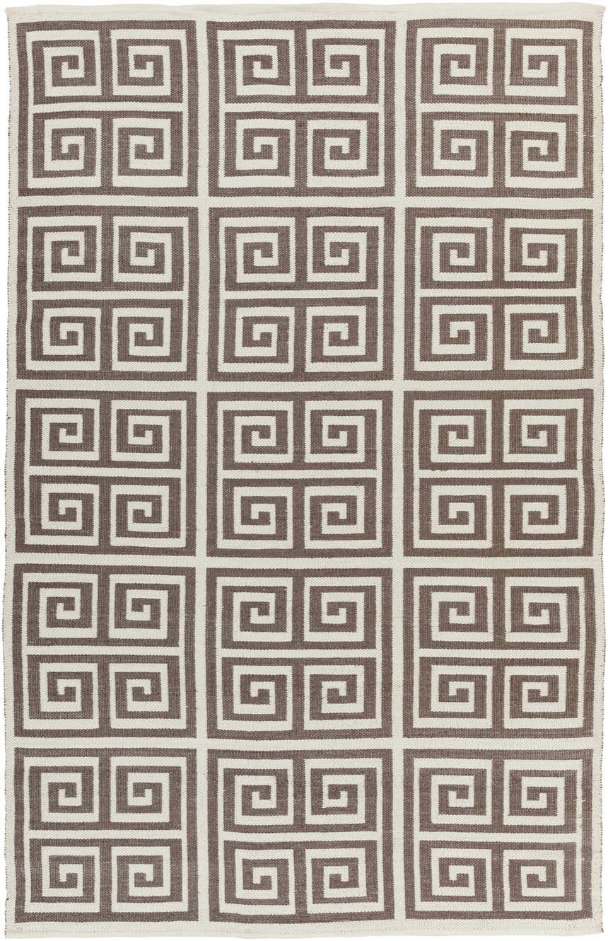 Close-up of Hollytree Area Rug. Cream and dark red PVC rug with a contemporary geometric, Greek key design. Hand woven. Design-Rectangle-58