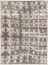 Close-up of the Hollytree Area Rug. Cream rug with a dark red, geometric Greek key pattern. Contemporary style. Design-Rectangle-811