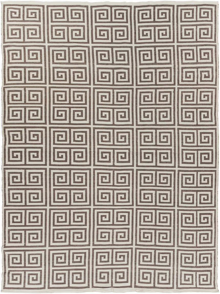Close-up of the Hollytree Area Rug. Cream rug with a dark red, geometric Greek key pattern. Contemporary style. Design-Rectangle-811